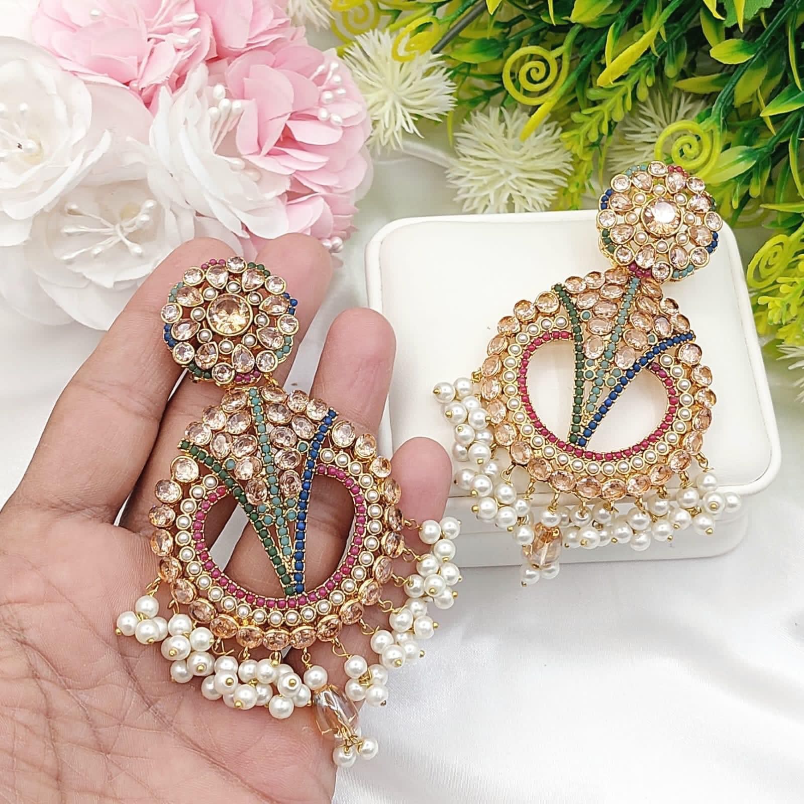 Elegant Style Flower Shaped Gold Plated Chandbalis | earring | earrings |  earrings long | earrings
